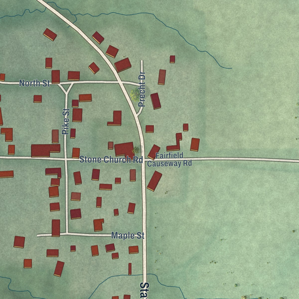 Close-up of the map of Blooming Grove, Indiana print showing street and building detail