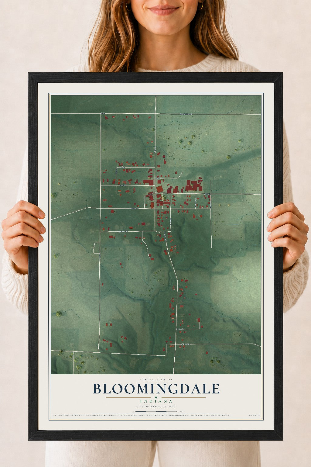 Map of Bloomingdale, Indiana, 18 x 24 inch print in a black wood frame