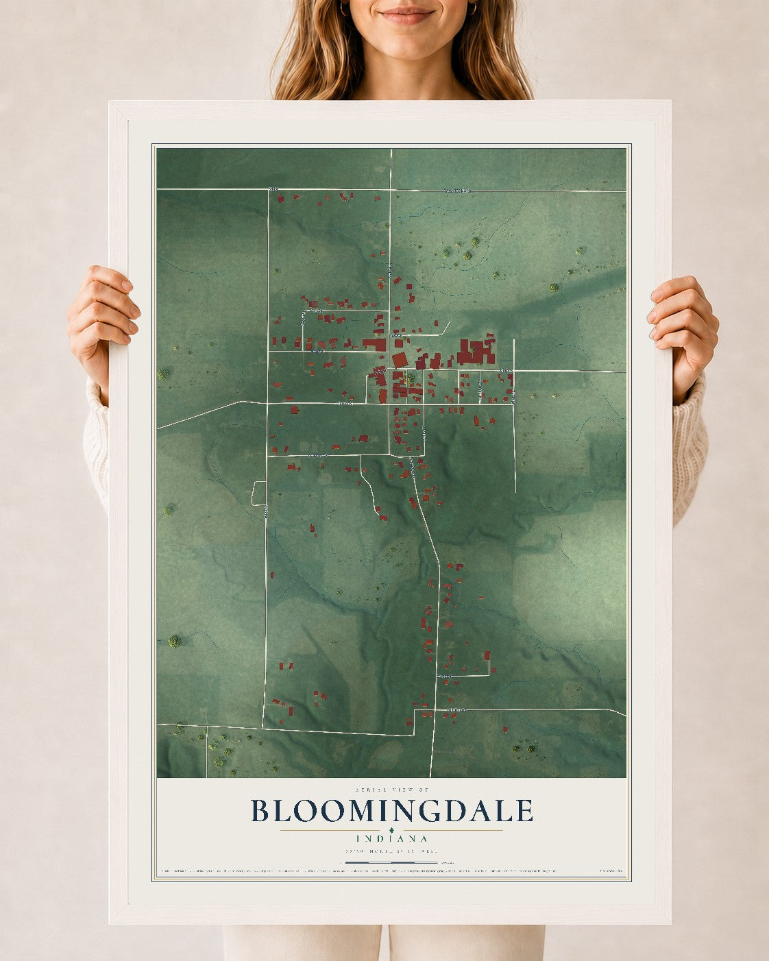 Map of Bloomingdale, Indiana, 24 x 36 inch print in a white wood frame