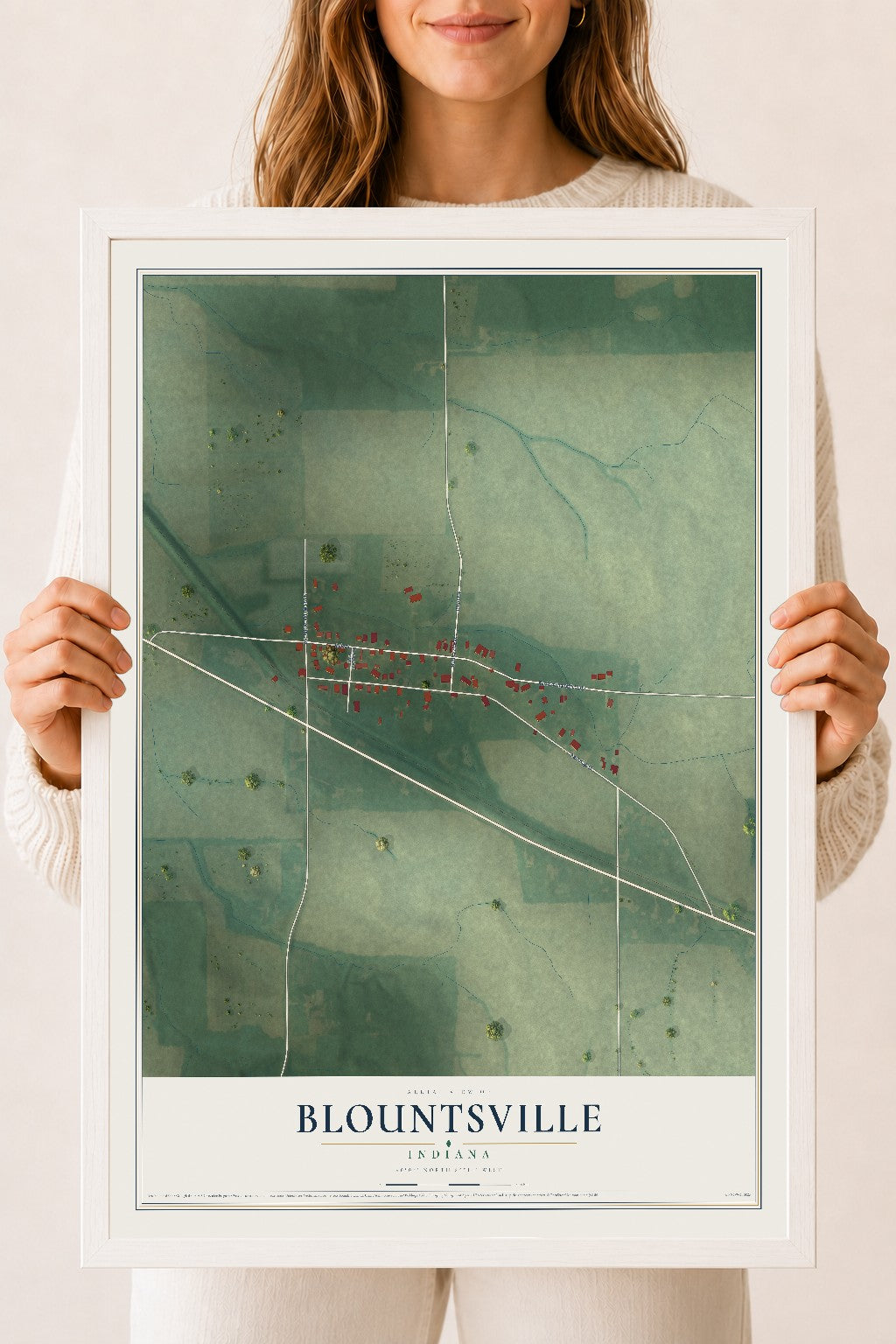 Map of Blountsville, Indiana, 18 x 24 inch print in a white wood frame