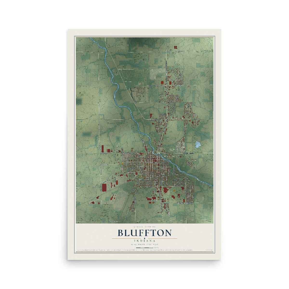Map of Bluffton, Indiana, 12 x 18 inch unframed archival matte print