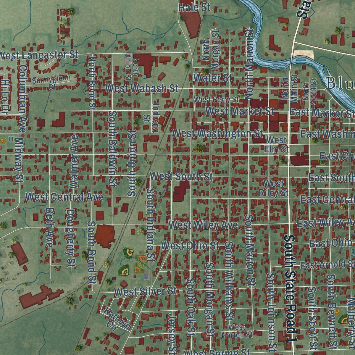 Close-up of the map of Bluffton, Indiana print showing street and building detail