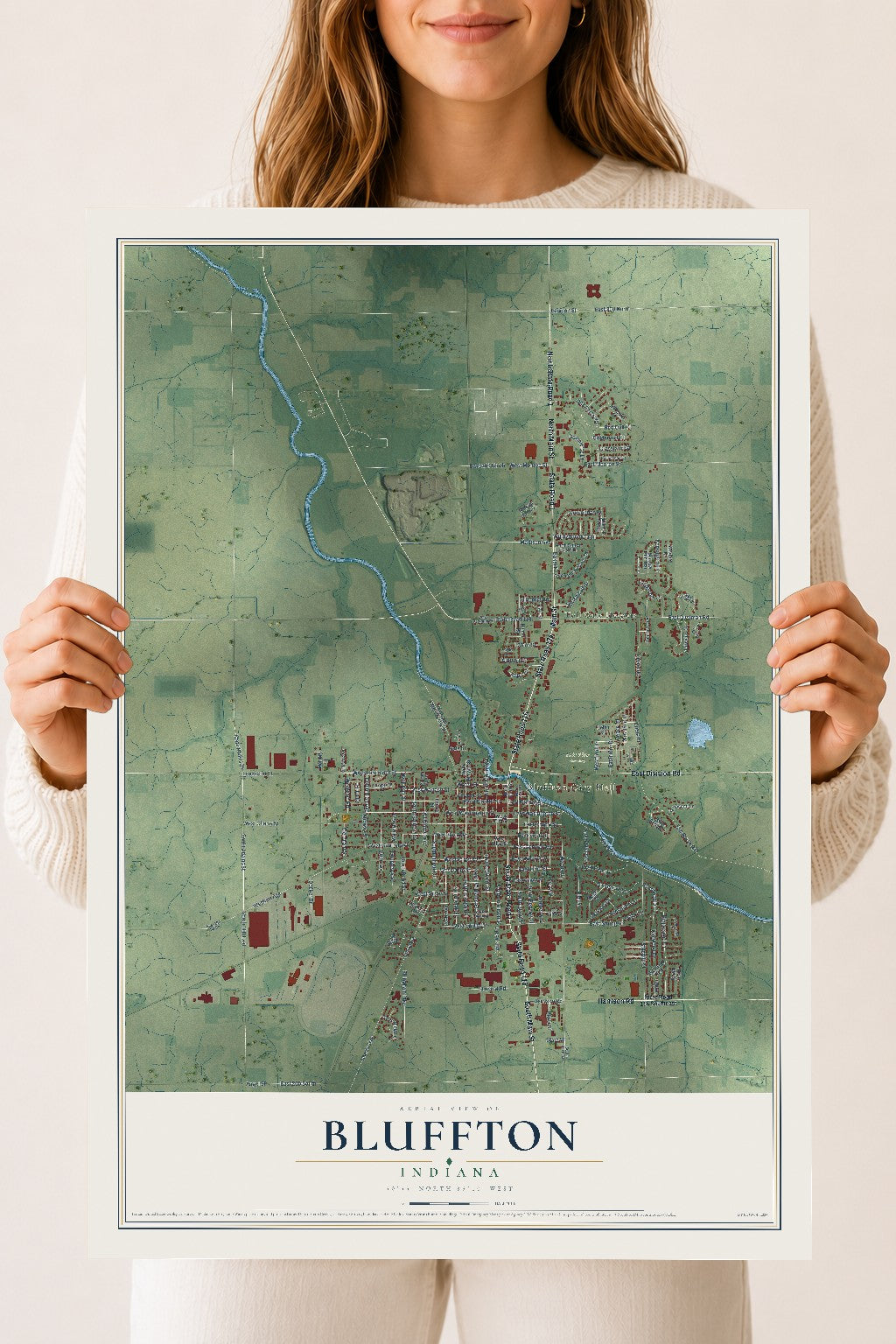 Map of Bluffton, Indiana, 18 x 24 inch unframed archival matte print