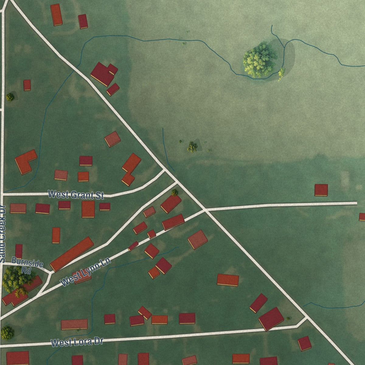 Close-up of the map of Boggstown, Indiana print showing street and building detail