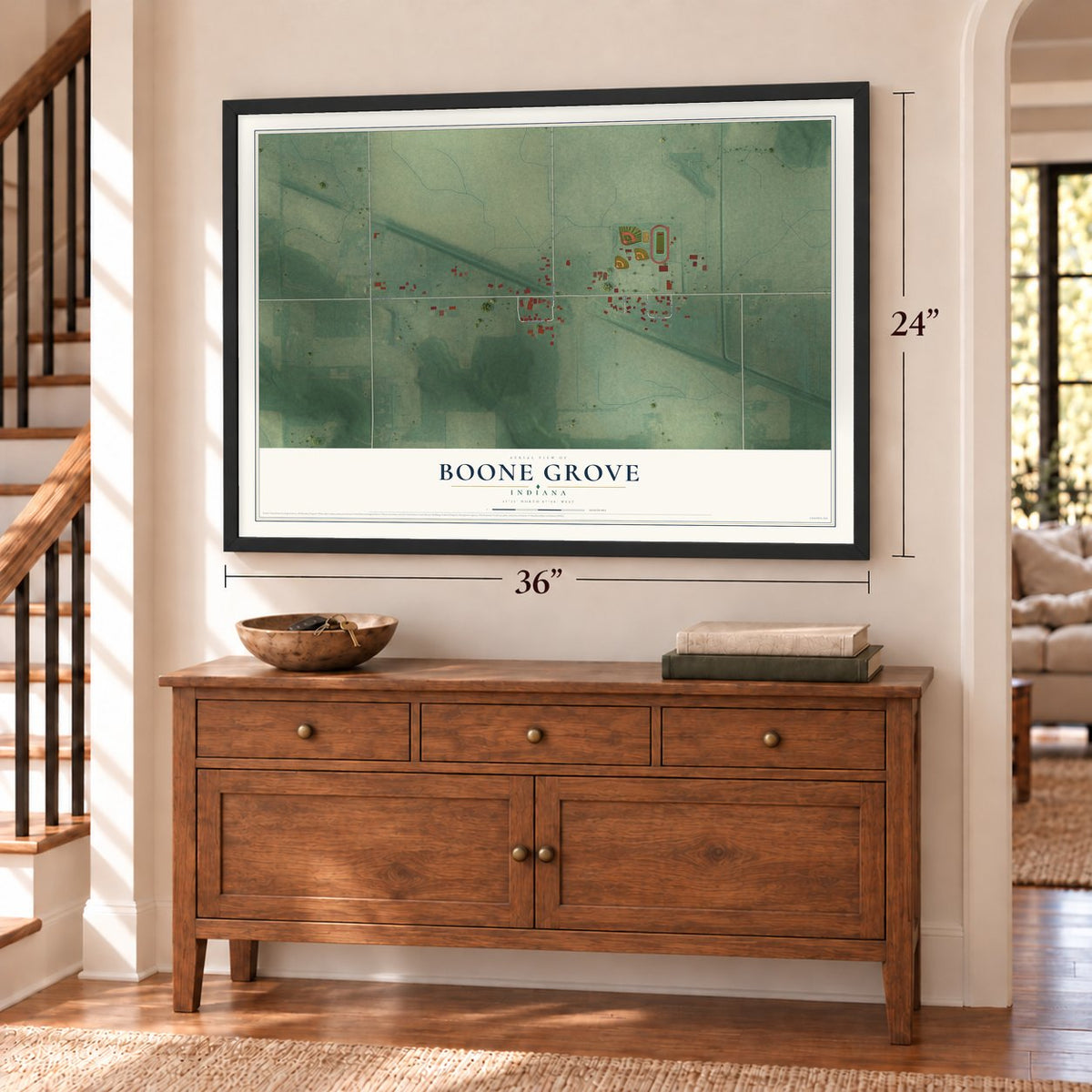 Boone Grove, Indiana map, 24 x 36 inch print in a black frame above a dresser by a staircase