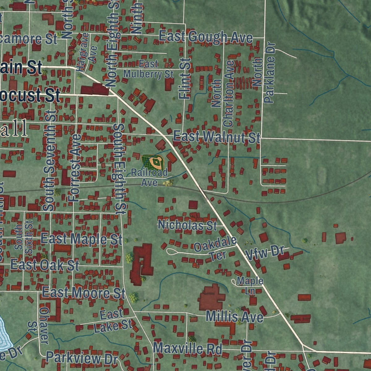 Close-up of the map of Boonville, Indiana print showing street and building detail