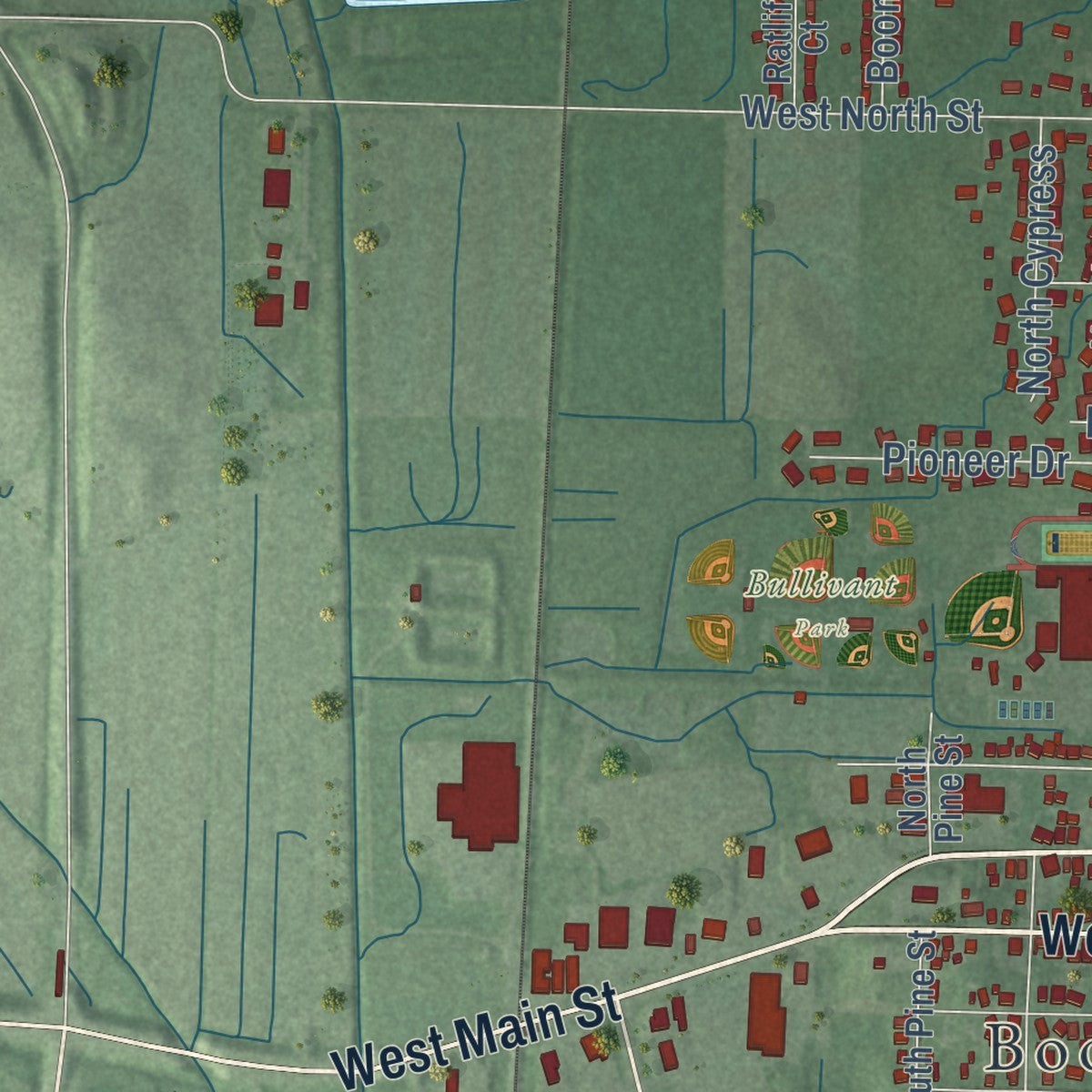 Second close-up of the map of Boonville, Indiana print showing more streets and buildings
