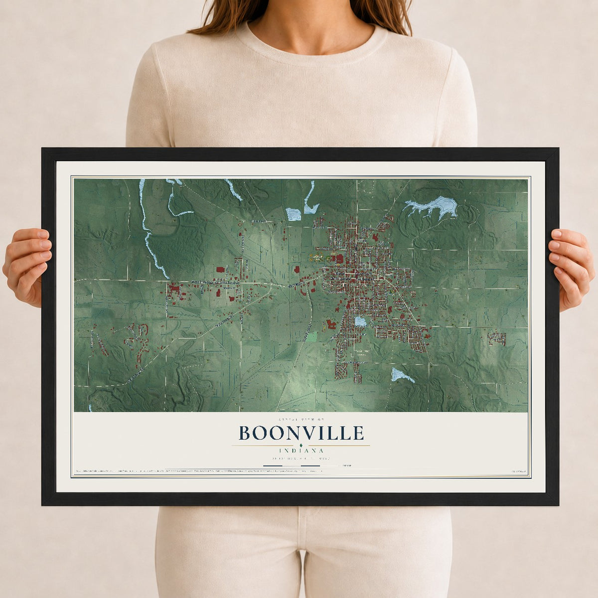Map of Boonville, Indiana, 12 x 18 inch print in a black wood frame