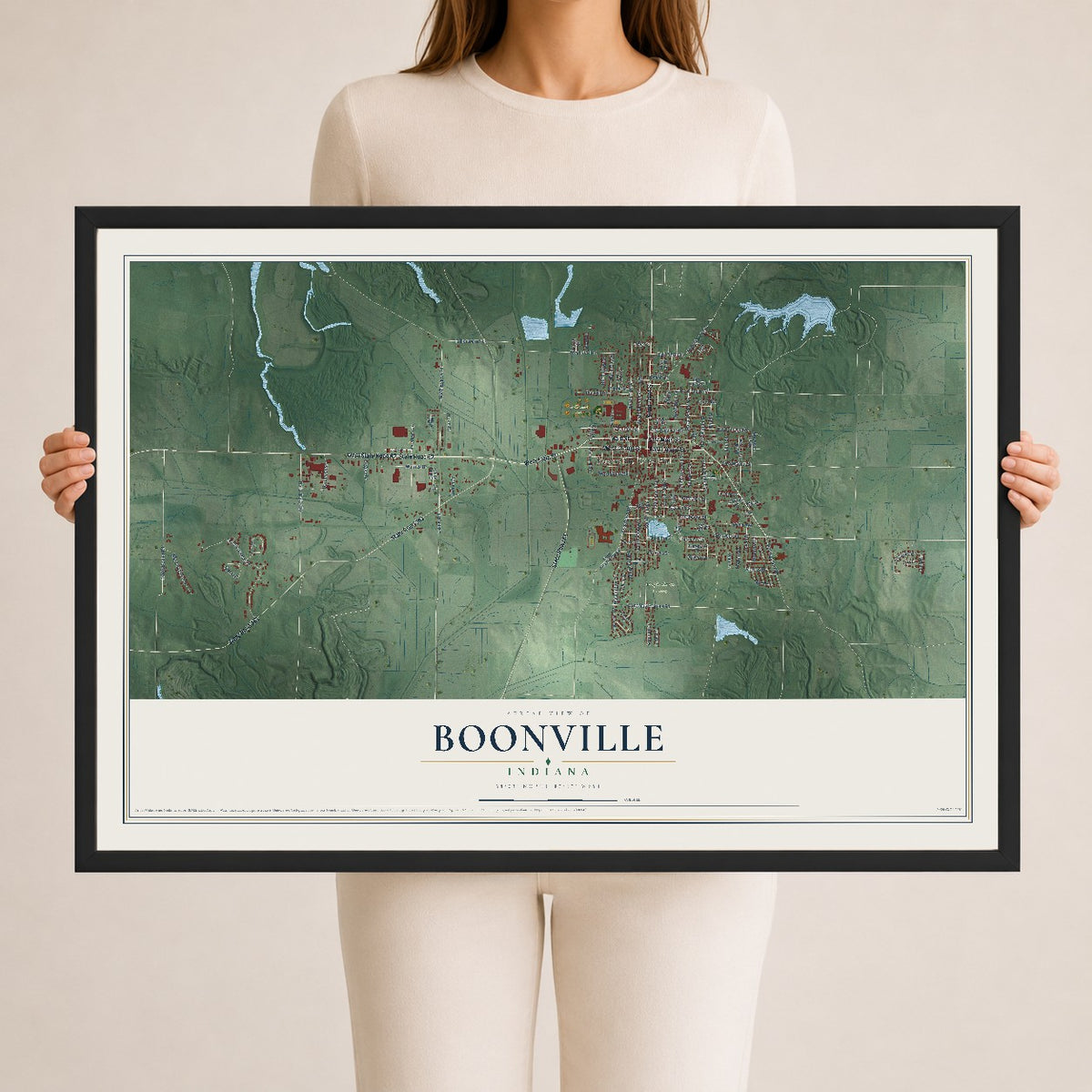 Map of Boonville, Indiana, 24 x 36 inch print in a black wood frame