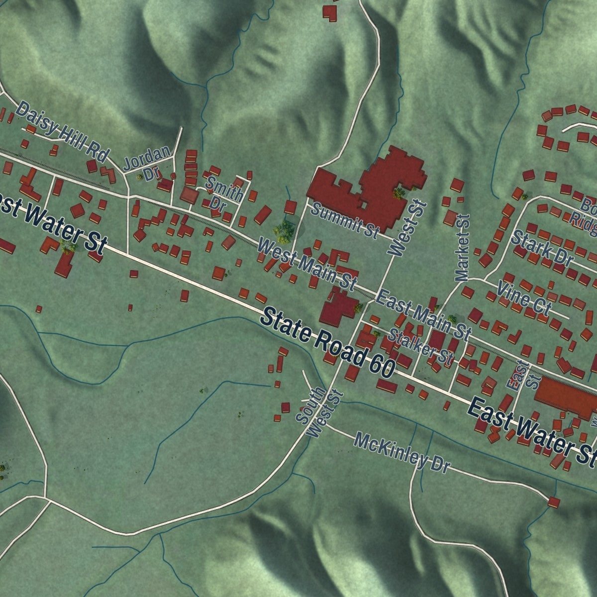Close-up of the map of Borden, Indiana print showing street and building detail