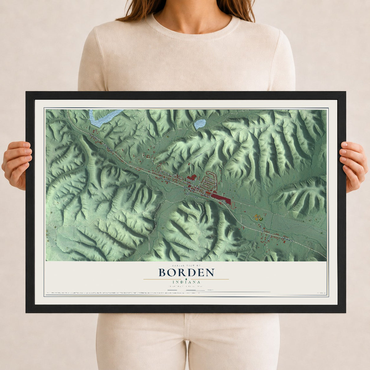 Map of Borden, Indiana, 12 x 18 inch print in a black wood frame