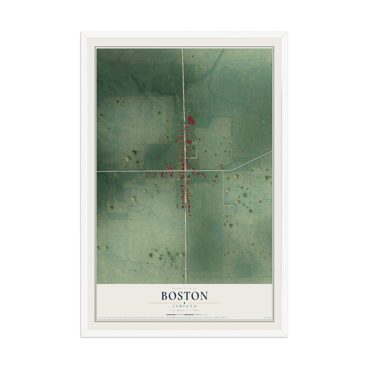 Map of Boston, Indiana, 12 x 18 inch print in a white wood frame