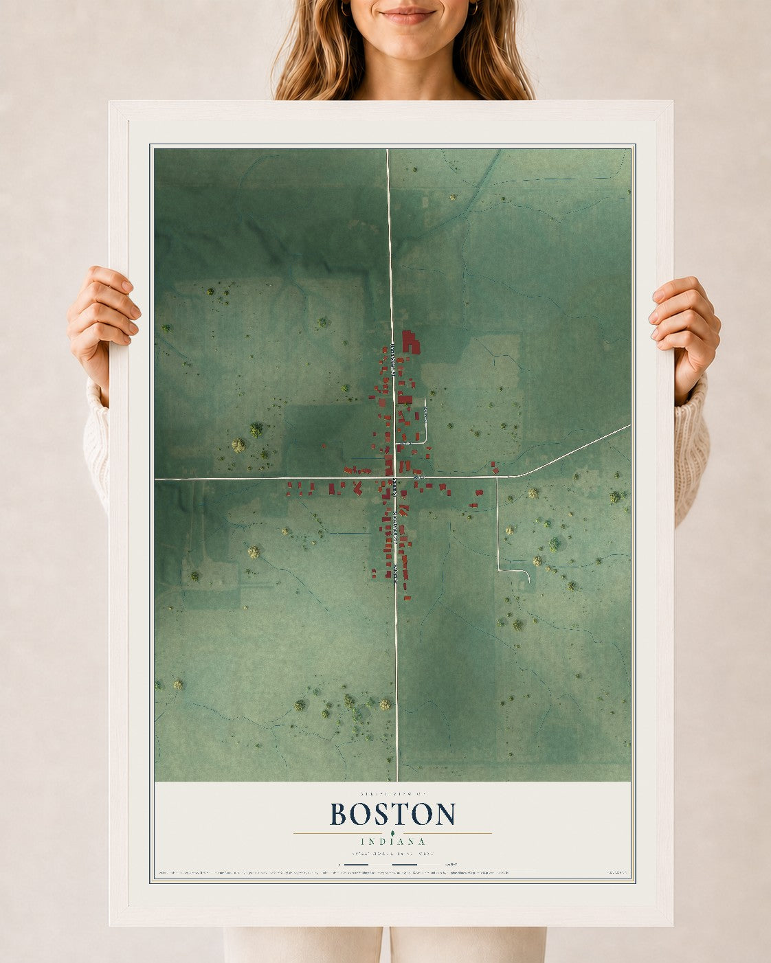 Map of Boston, Indiana, 24 x 36 inch print in a white wood frame