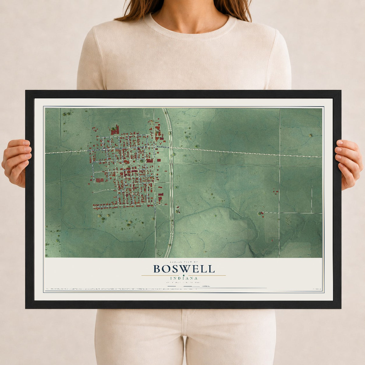 Map of Boswell, Indiana, 12 x 18 inch print in a black wood frame