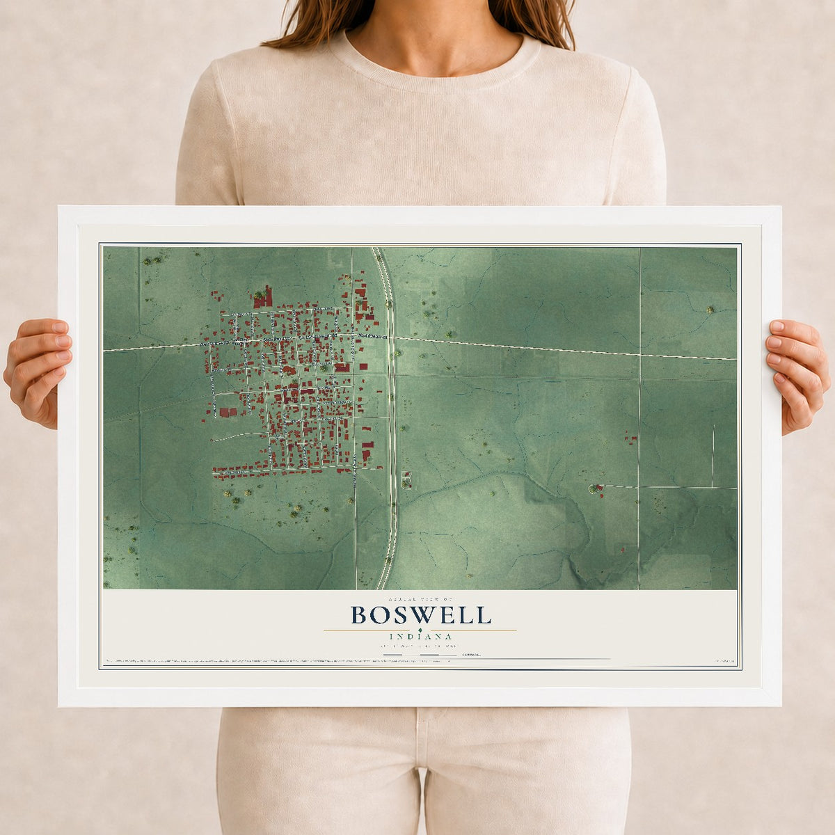 Map of Boswell, Indiana, 12 x 18 inch print in a white wood frame