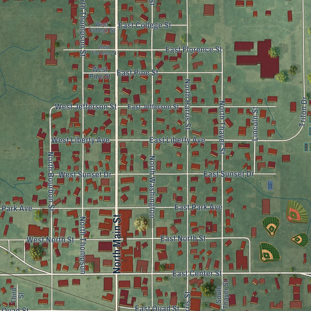 Close-up of the map of Bourbon, Indiana print showing street and building detail