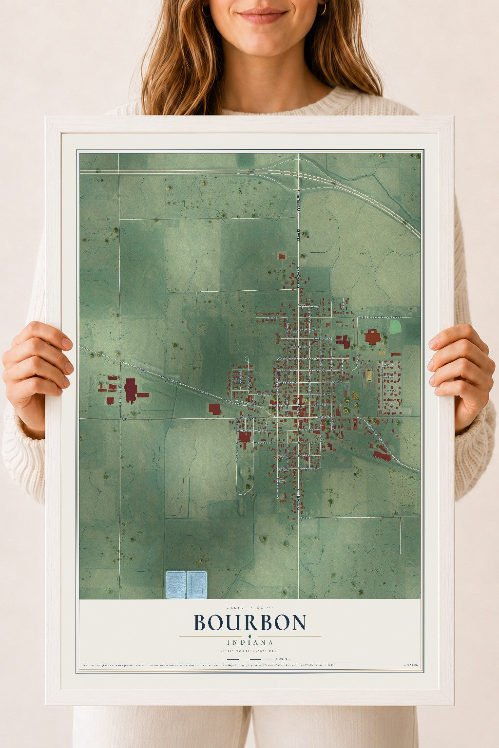 Map of Bourbon, Indiana, 18 x 24 inch print in a white wood frame