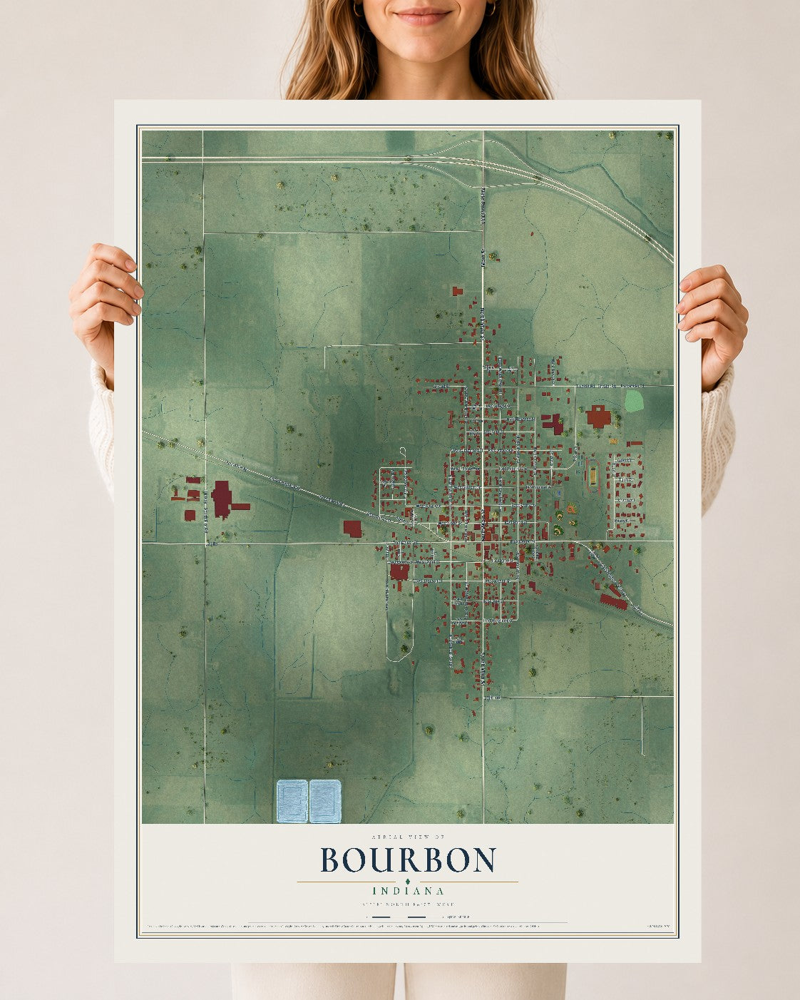 Map of Bourbon, Indiana, 24 x 36 inch unframed archival matte print