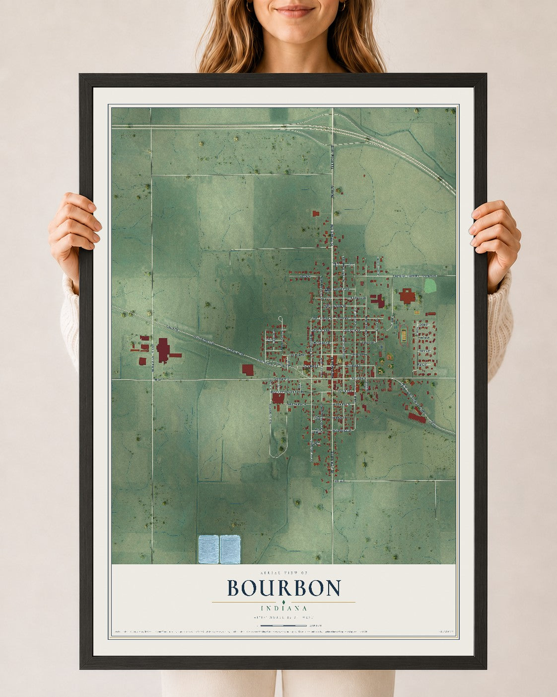 Map of Bourbon, Indiana, 24 x 36 inch print in a black wood frame