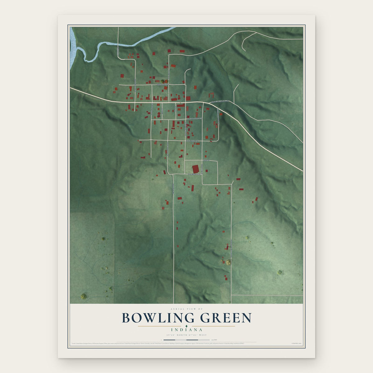 Bowling Green, Indiana map print, the full design