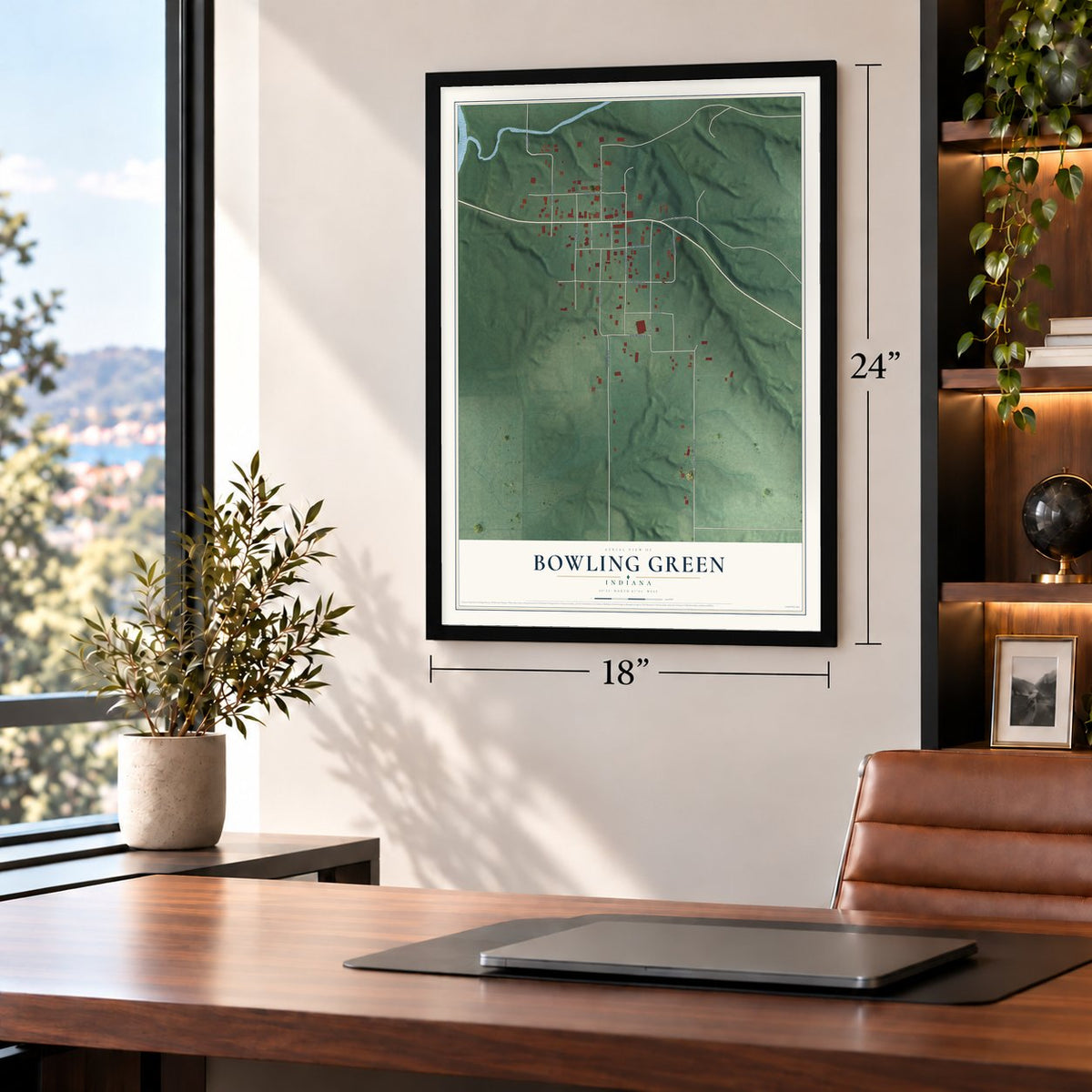Bowling Green, Indiana map, 18 x 24 inch print in a black frame in a home office