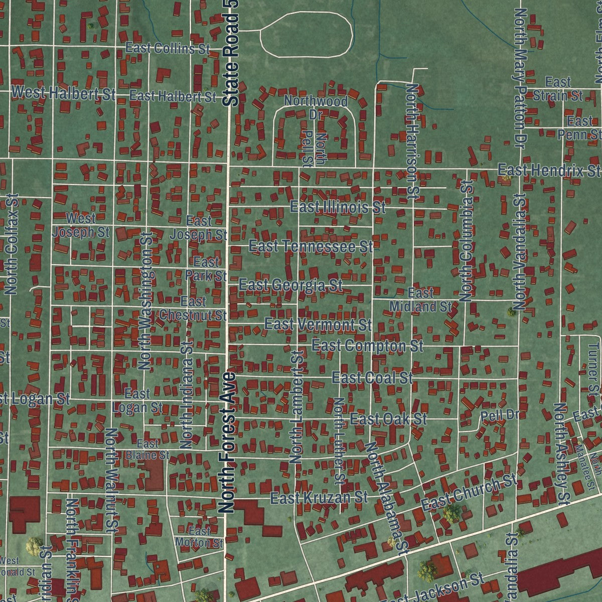 Close-up of the map of Brazil, Indiana print showing street and building detail
