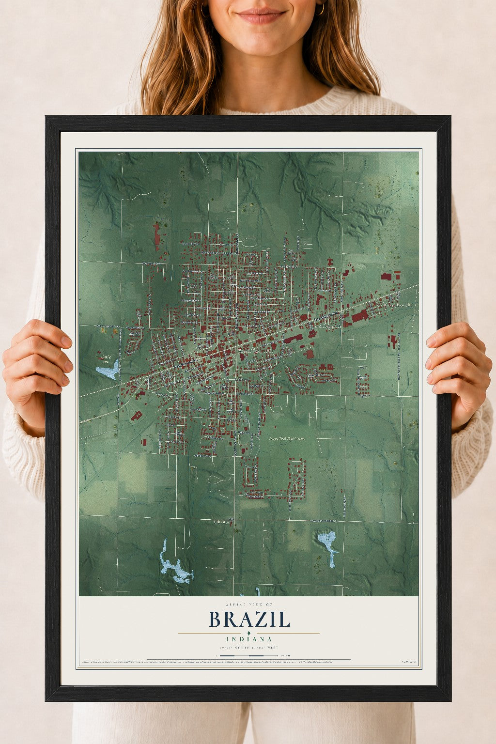 Map of Brazil, Indiana, 18 x 24 inch print in a black wood frame