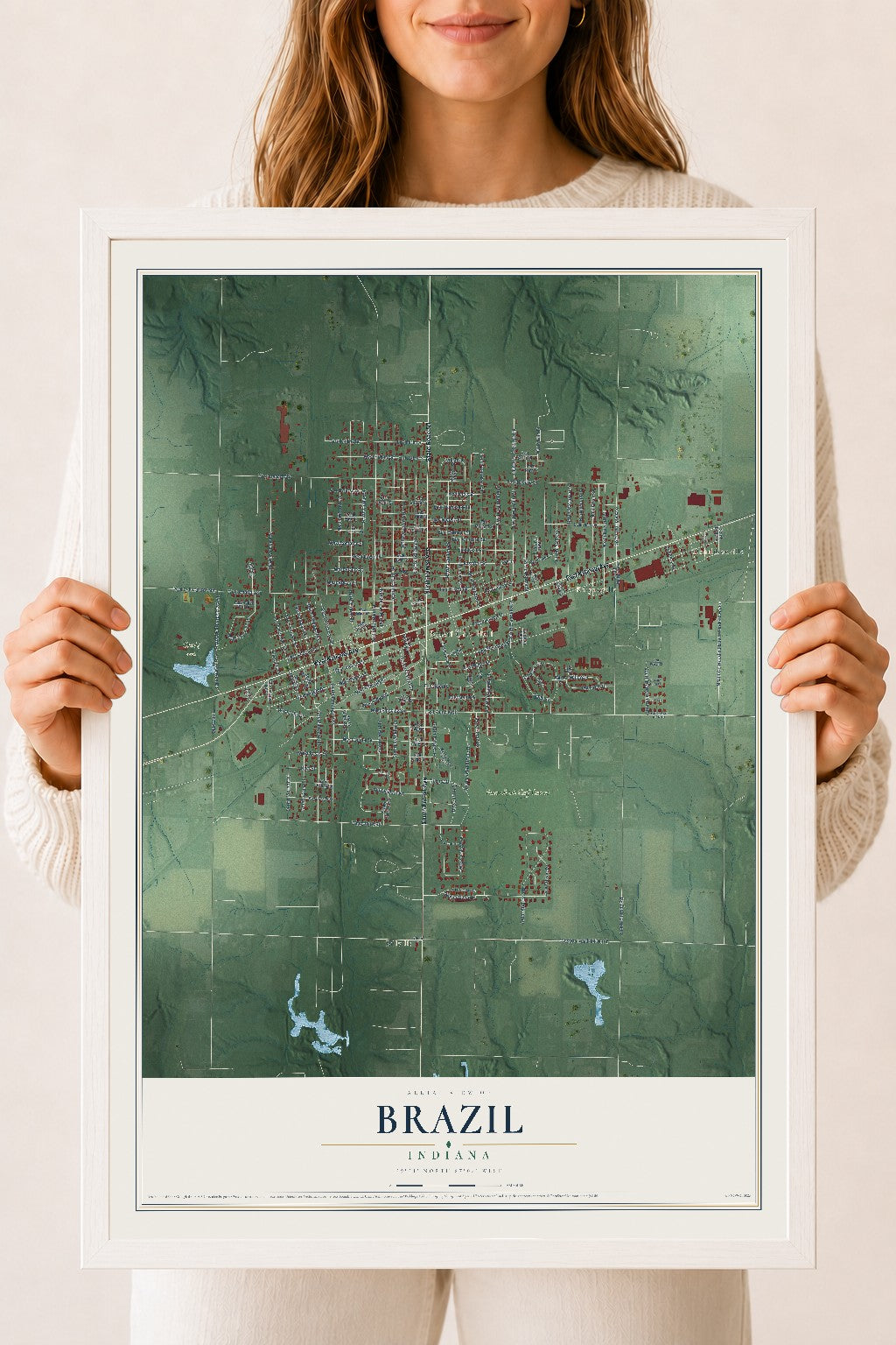 Map of Brazil, Indiana, 18 x 24 inch print in a white wood frame