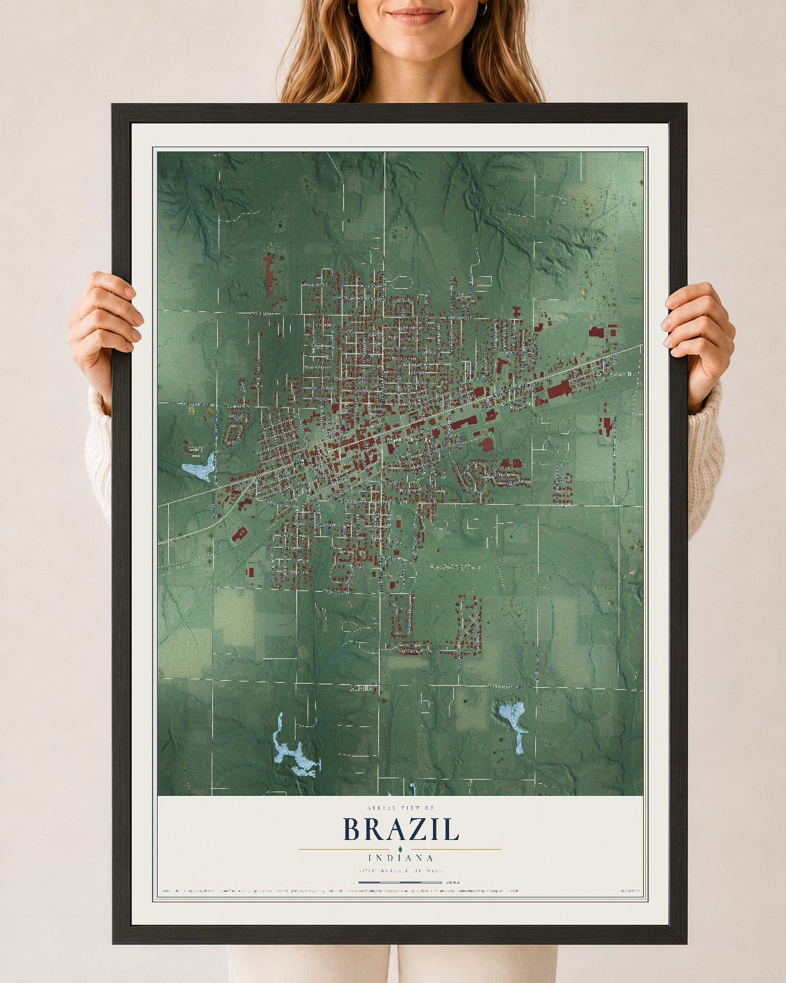 Map of Brazil, Indiana, 24 x 36 inch print in a black wood frame