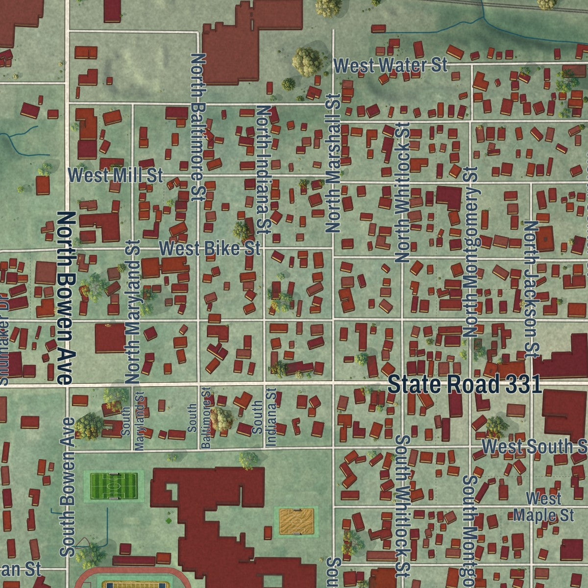Close-up of the map of Bremen, Indiana print showing street and building detail