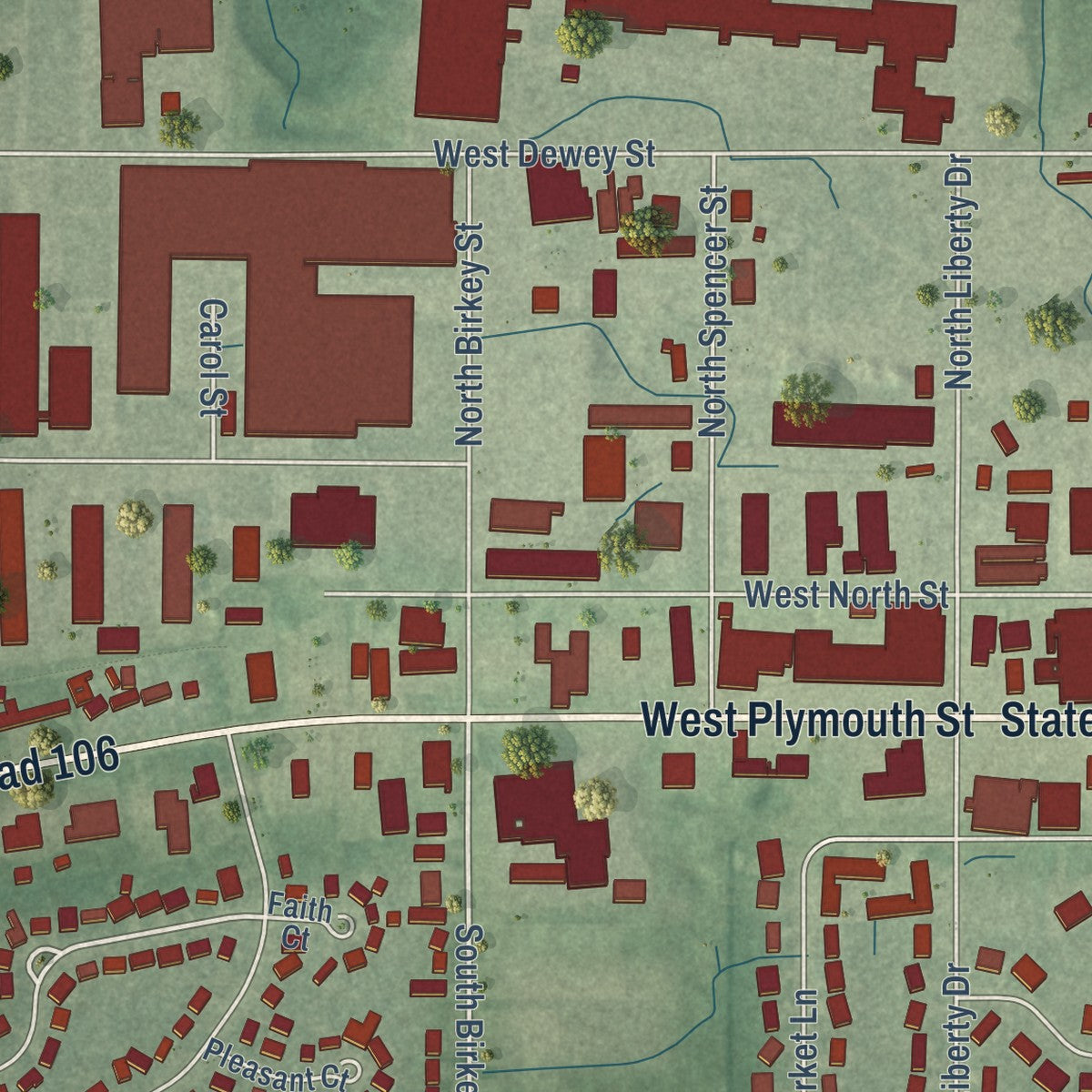 Second close-up of the map of Bremen, Indiana print showing more streets and buildings