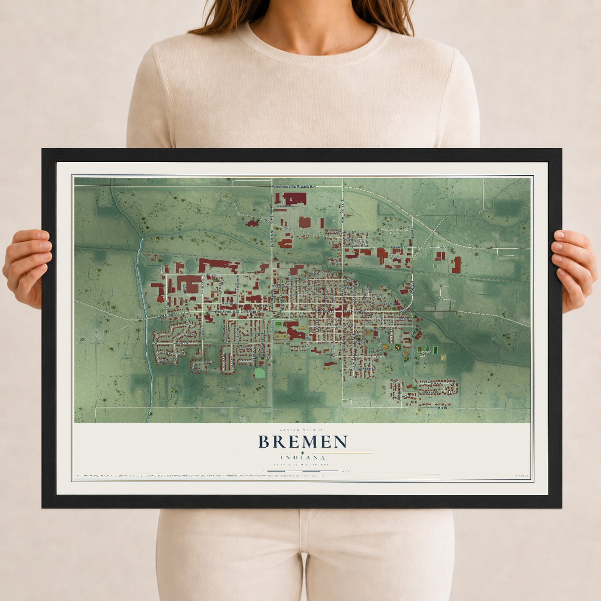 Map of Bremen, Indiana, 12 x 18 inch print in a black wood frame