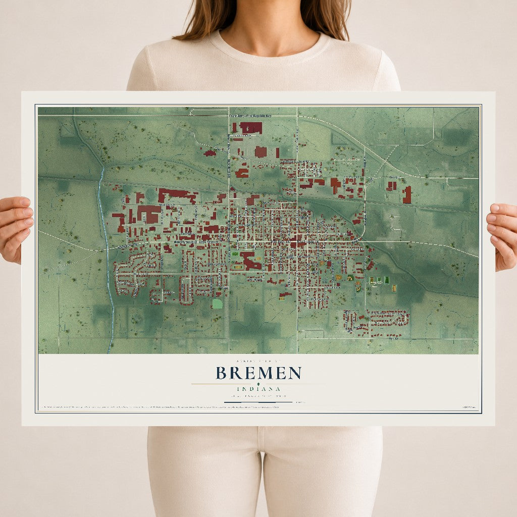 Map of Bremen, Indiana, 18 x 24 inch unframed archival matte print