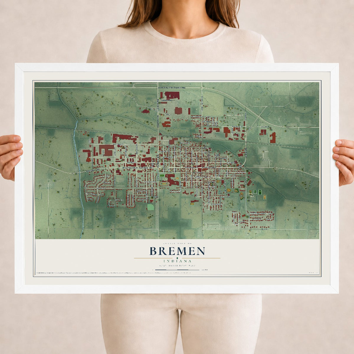 Map of Bremen, Indiana, 18 x 24 inch print in a white wood frame