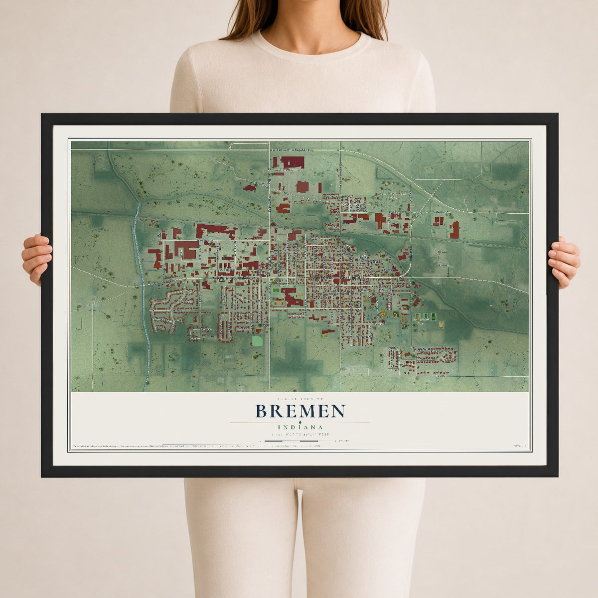 Map of Bremen, Indiana, 24 x 36 inch print in a black wood frame