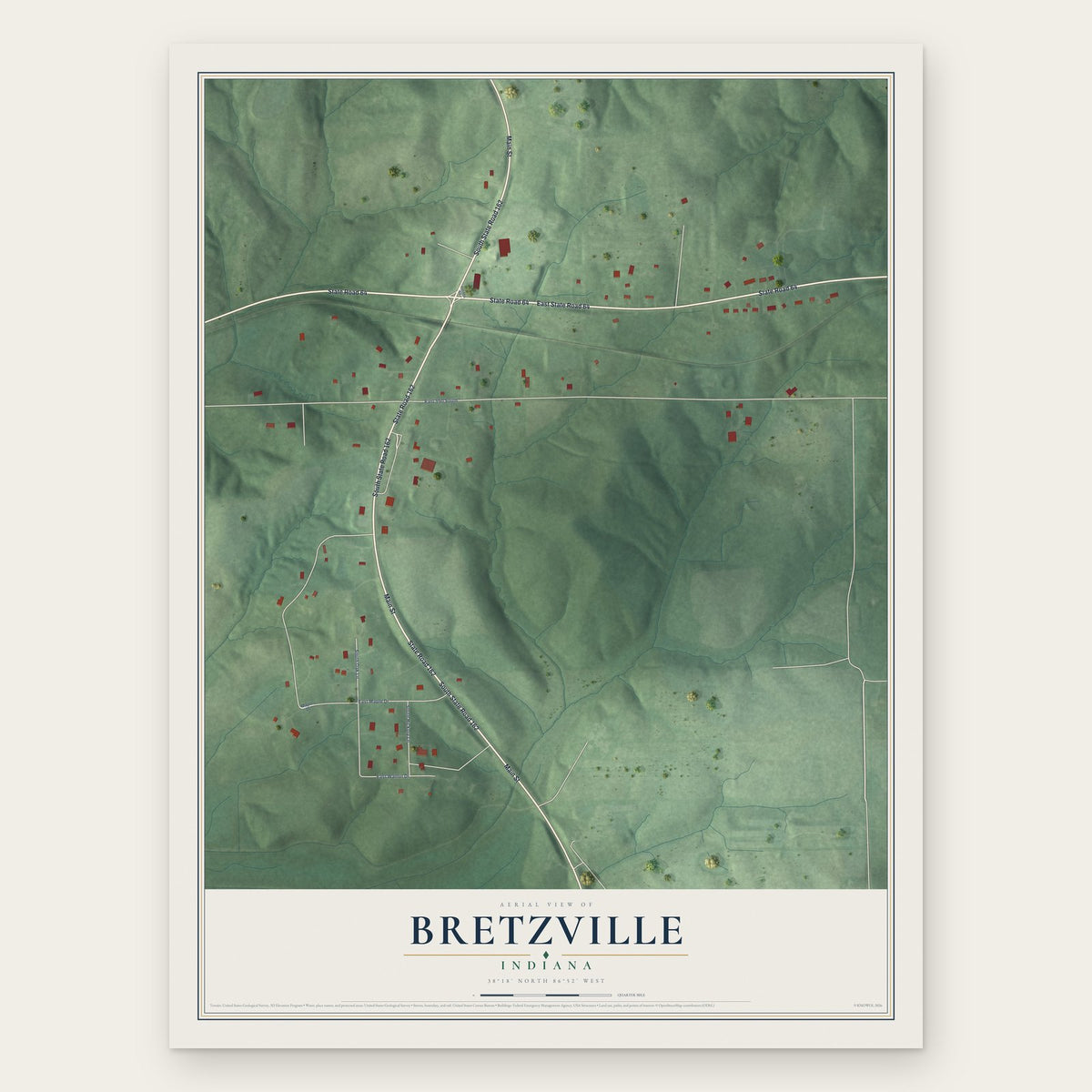 Bretzville, Indiana map print, the full design