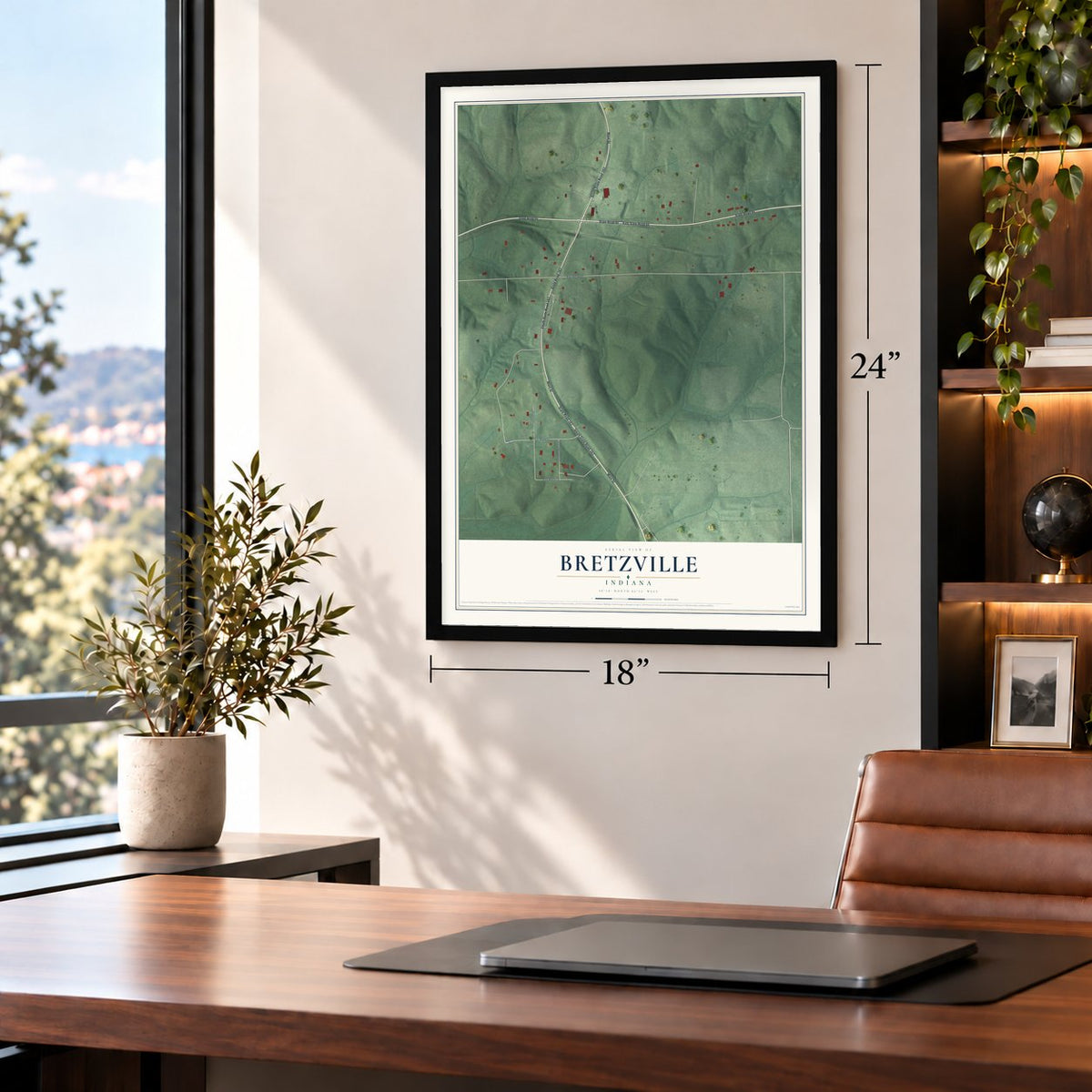 Bretzville, Indiana map, 18 x 24 inch print in a black frame in a home office