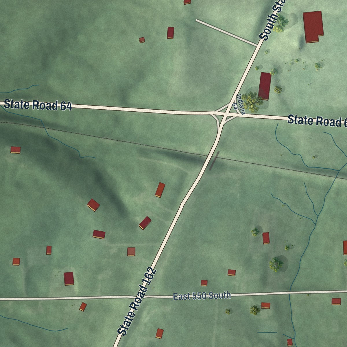 Close-up of the map of Bretzville, Indiana print showing street and building detail