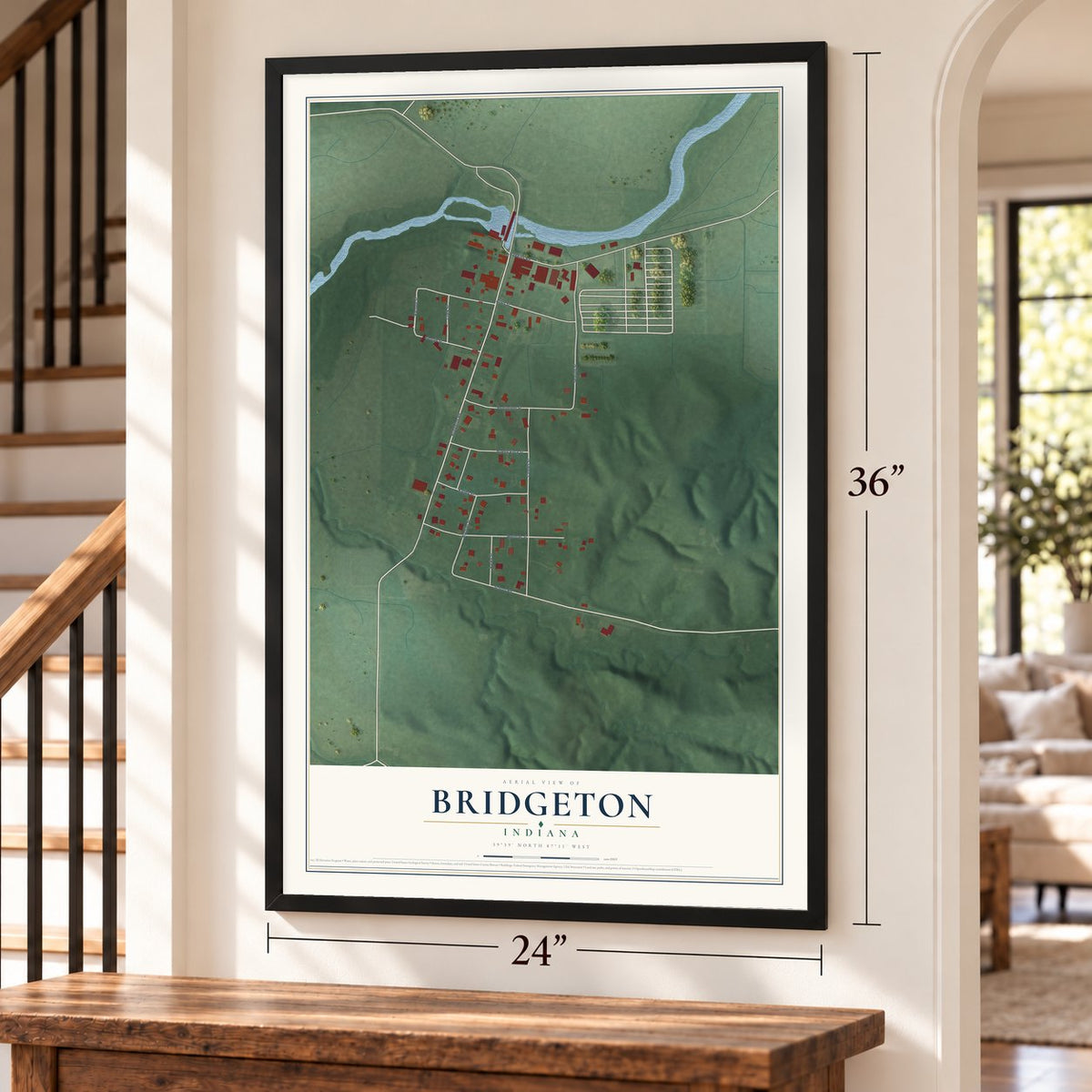 Bridgeton, Indiana map, 24 x 36 inch print in a black frame by a staircase