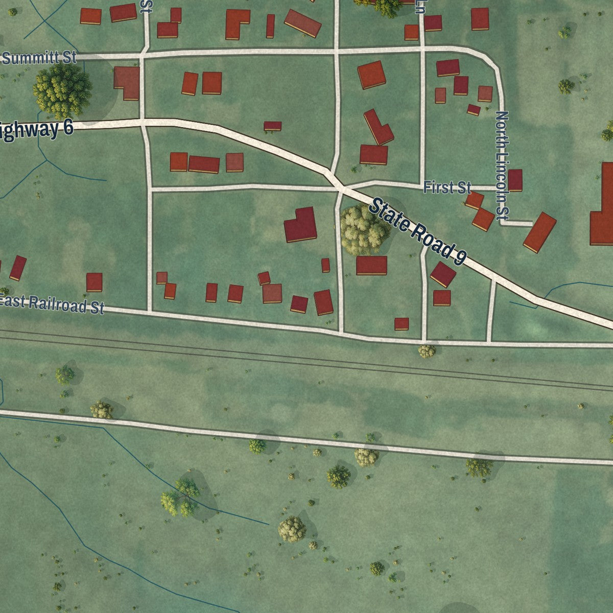 Close-up of the map of Brimfield, Indiana print showing street and building detail