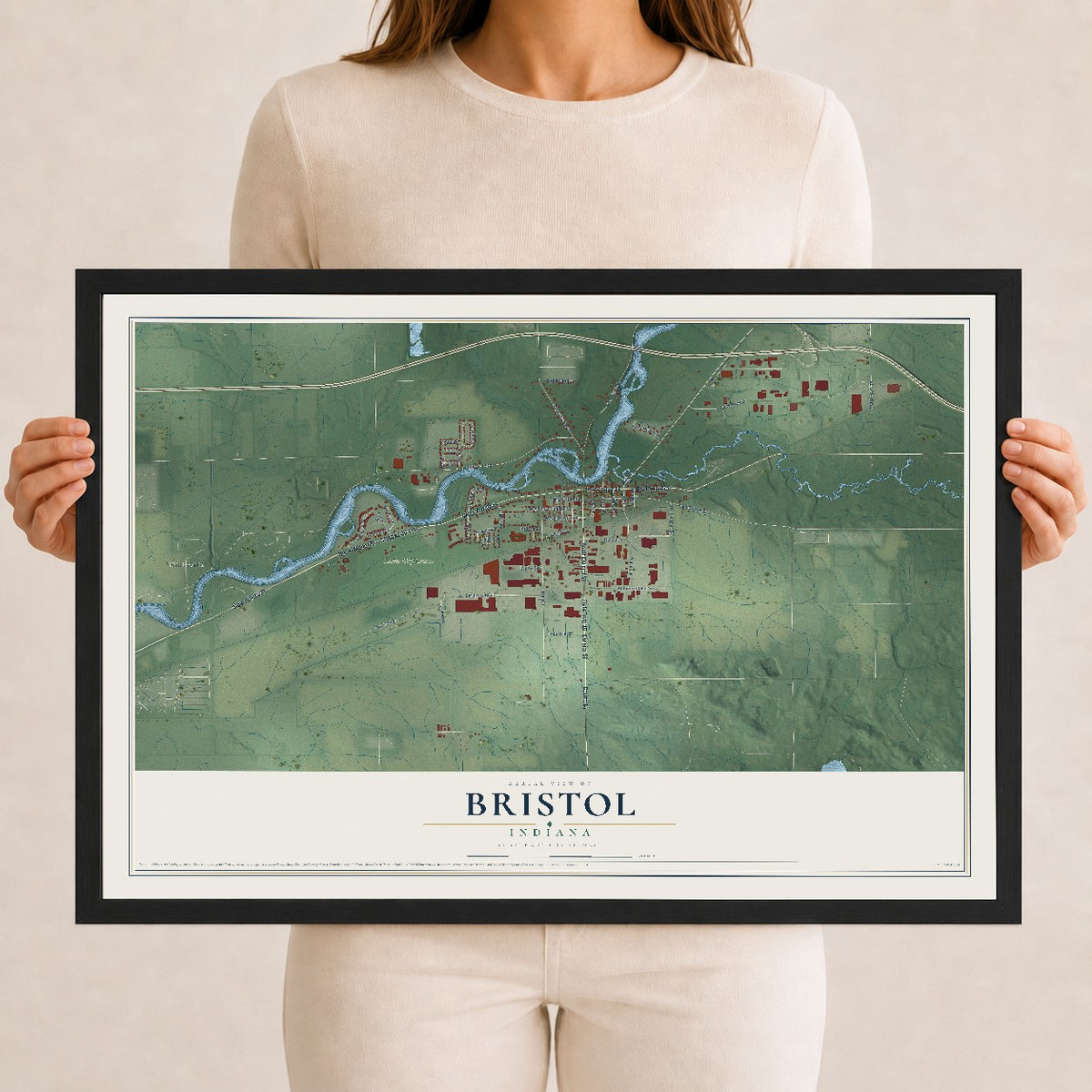 Map of Bristol, Indiana, 12 x 18 inch print in a black wood frame
