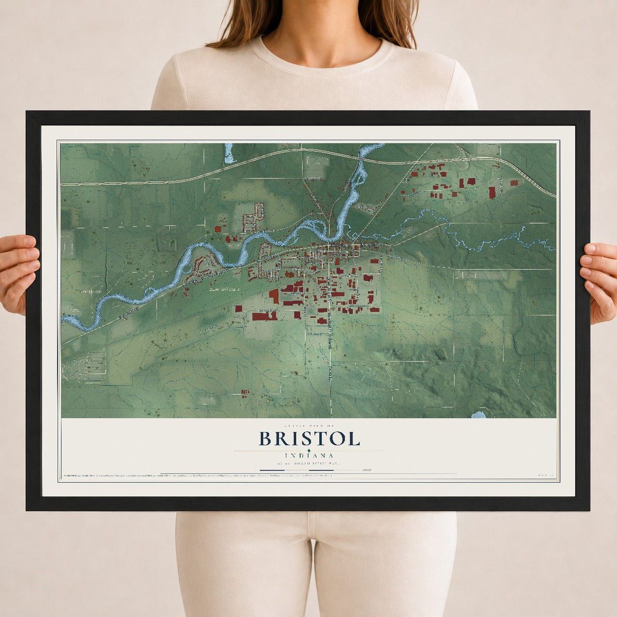 Map of Bristol, Indiana, 18 x 24 inch print in a black wood frame