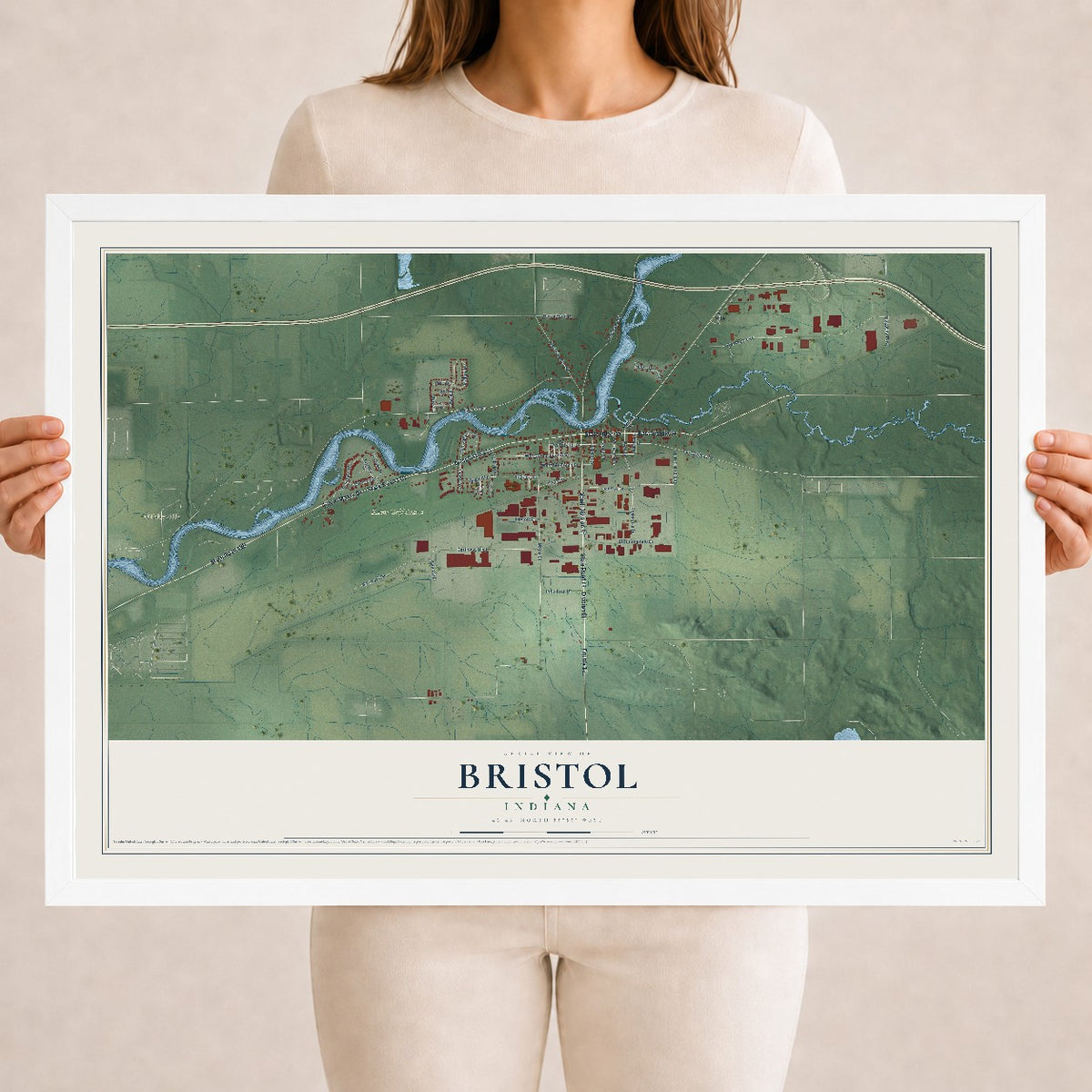 Map of Bristol, Indiana, 18 x 24 inch print in a white wood frame