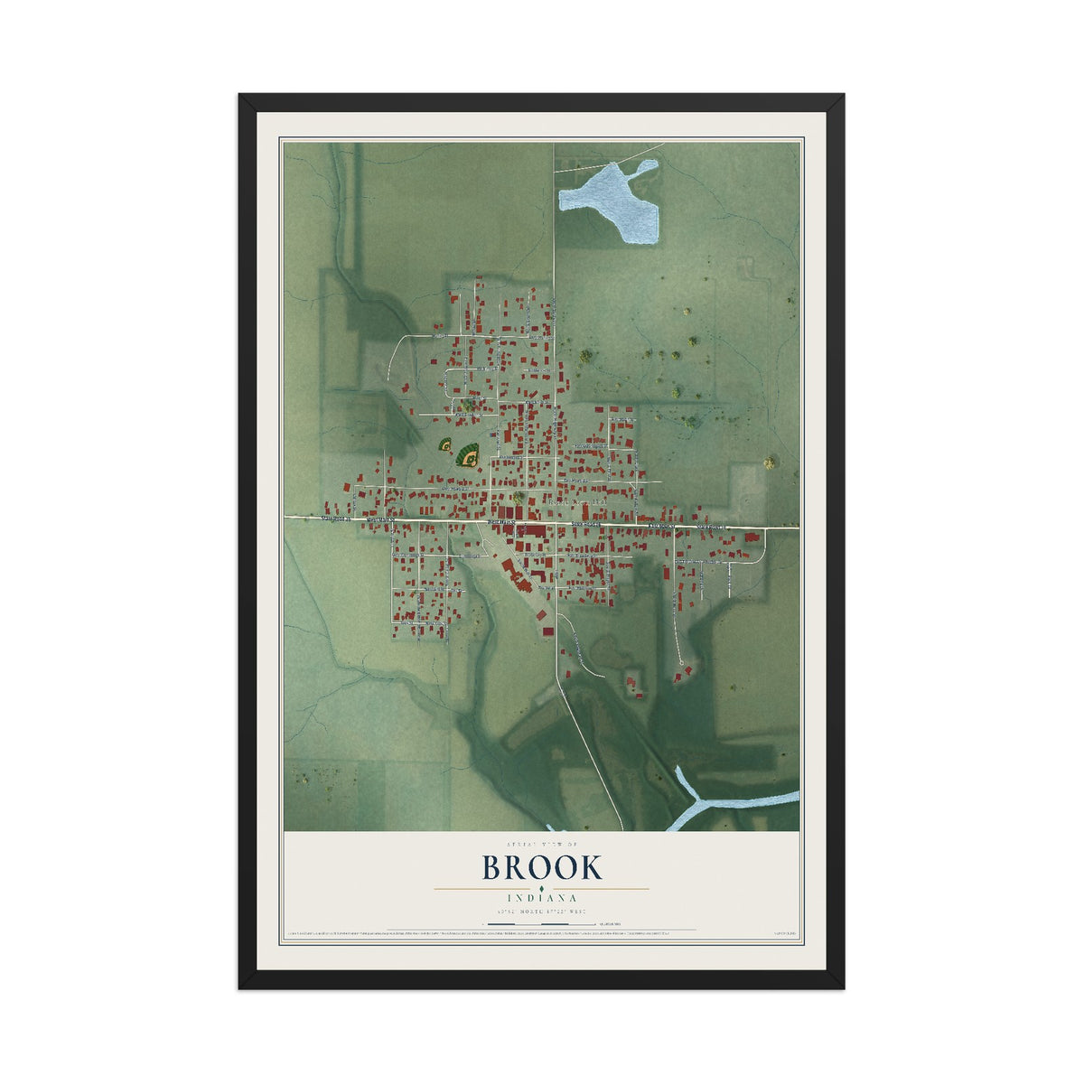 Map of Brook, Indiana, 12 x 18 inch print in a black wood frame