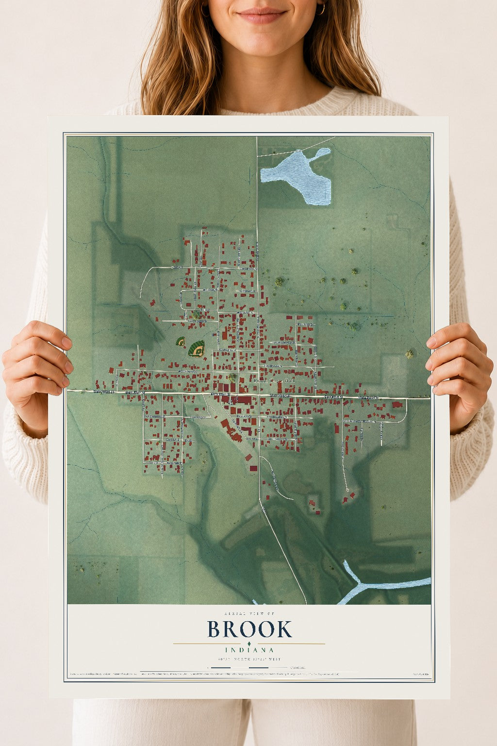 Map of Brook, Indiana, 18 x 24 inch unframed archival matte print