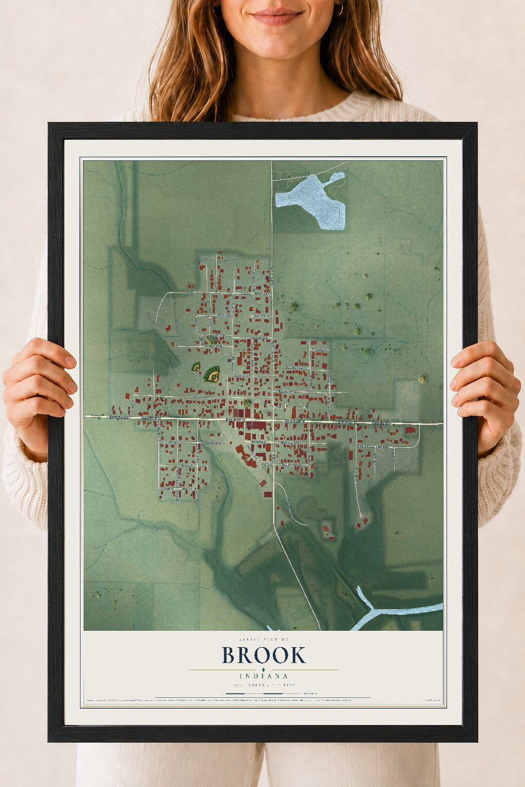 Map of Brook, Indiana, 18 x 24 inch print in a black wood frame