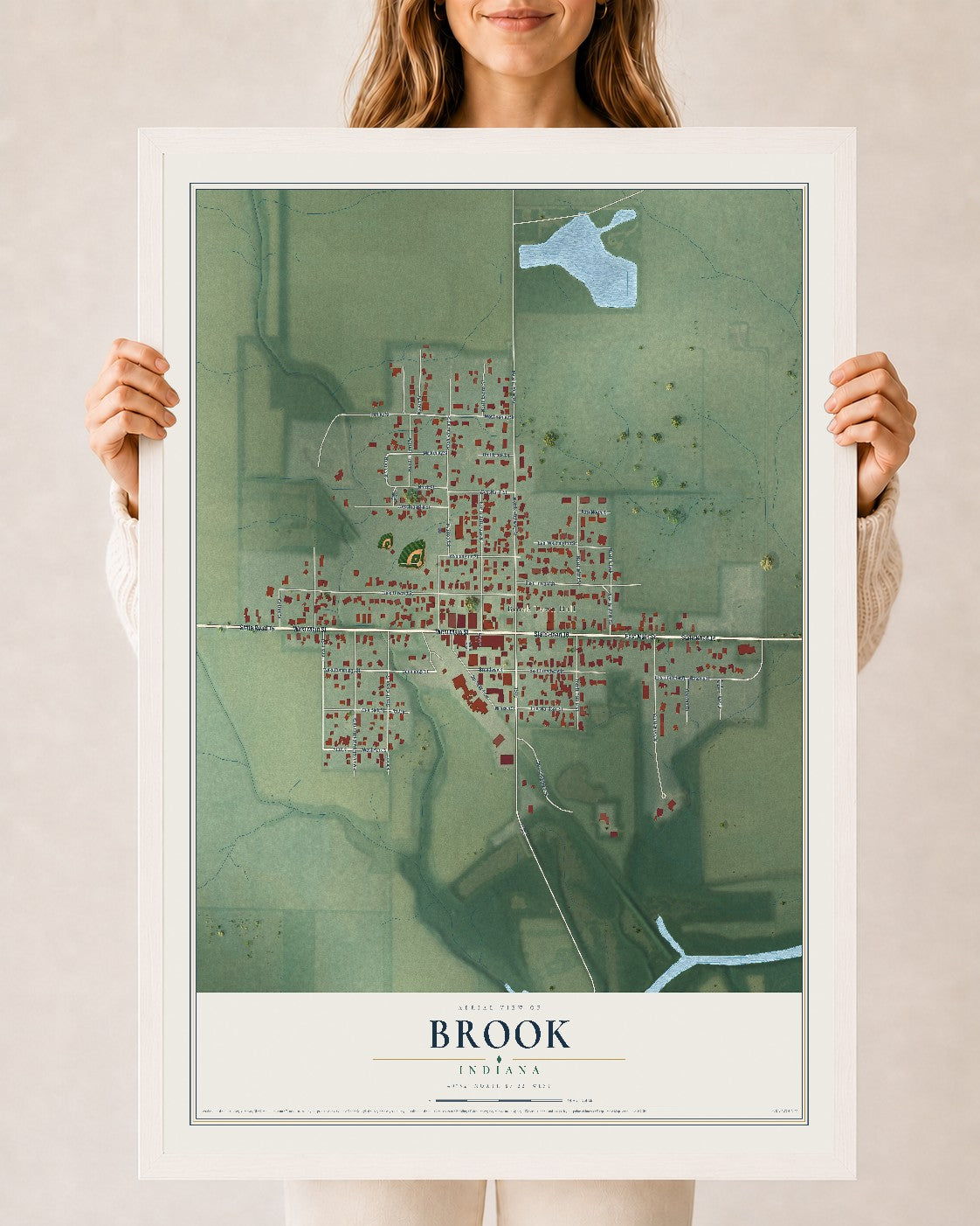 Map of Brook, Indiana, 24 x 36 inch print in a white wood frame