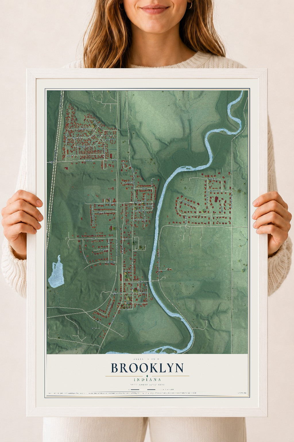 Map of Brooklyn, Indiana, 18 x 24 inch print in a white wood frame