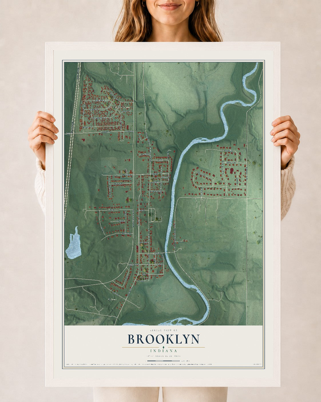 Map of Brooklyn, Indiana, 24 x 36 inch print in a white wood frame