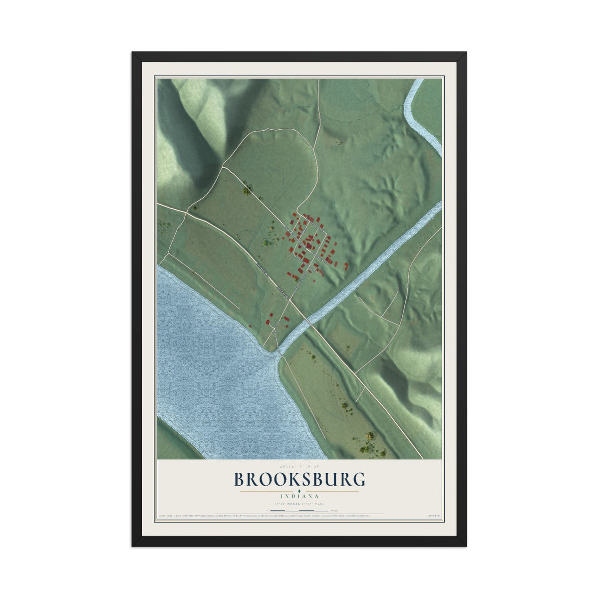 Map of Brooksburg, Indiana, 12 x 18 inch print in a black wood frame